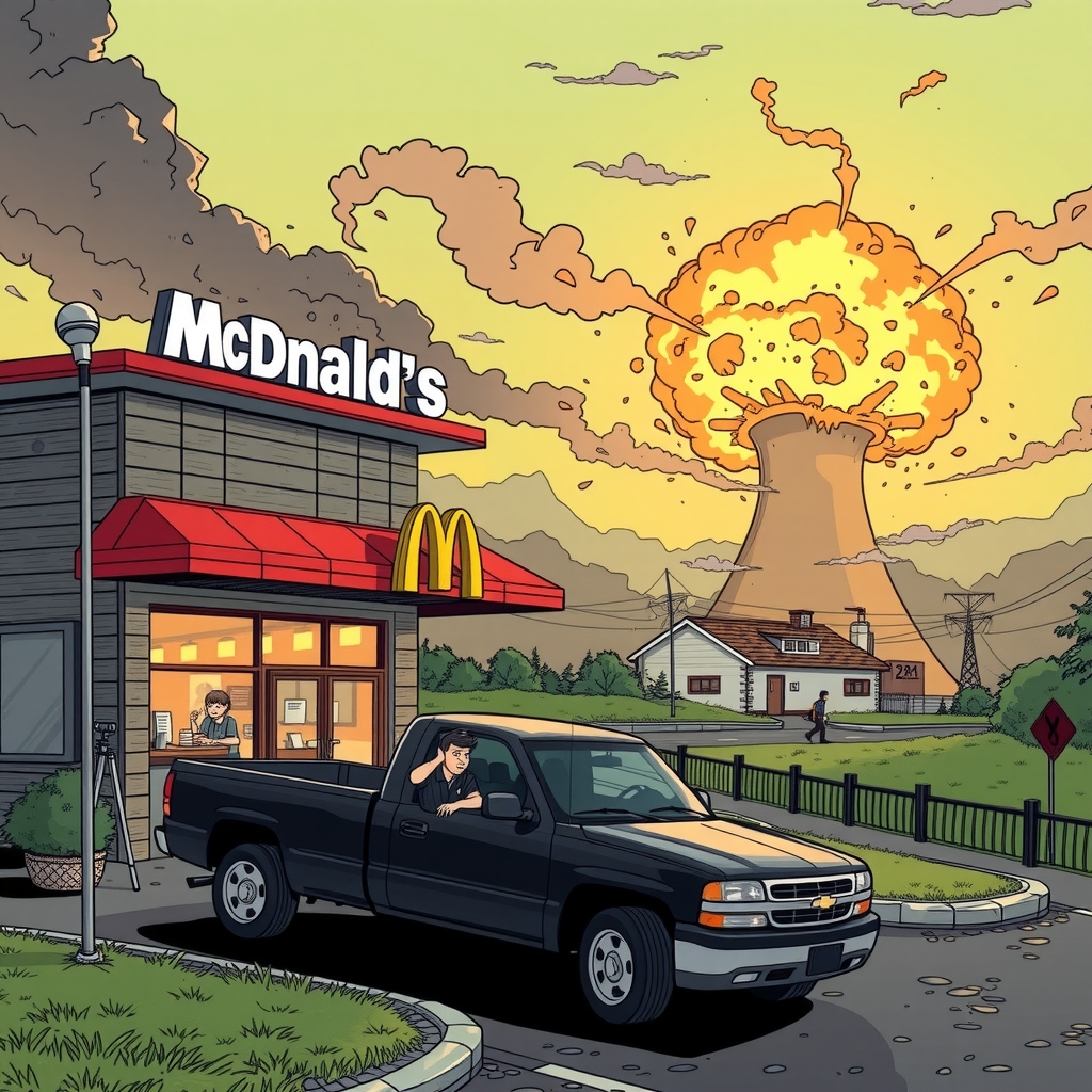 a mcdonalds near a nuclear power plant explosion and an employee escapes by stealing a black pickup truck by मुफ्त एआई छवि जनरेटर - बिना लॉगिन के✨ | AIGAZOU