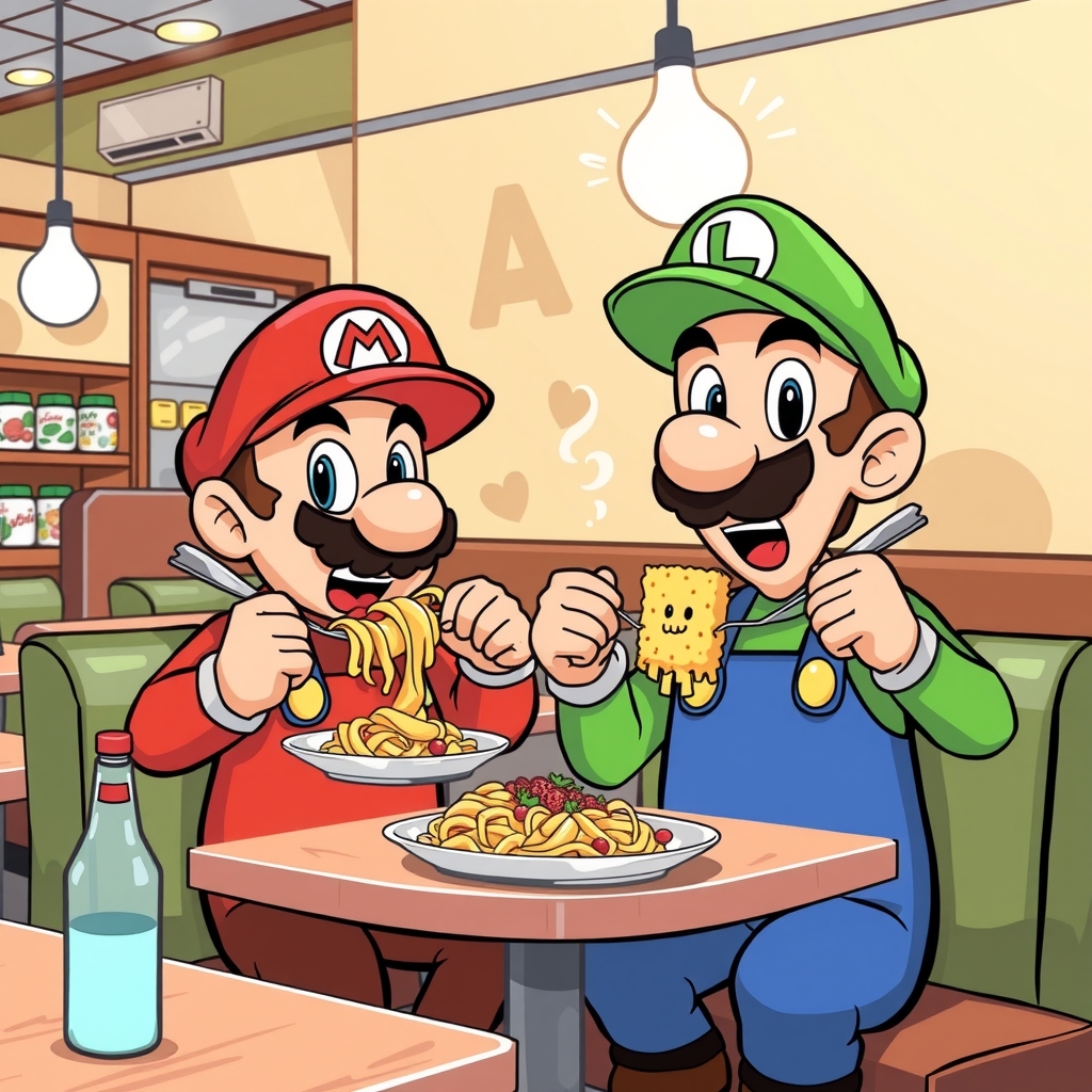 mario and luigi eating pasta with pineapple by मुफ्त एआई छवि जनरेटर - बिना लॉगिन के✨ | AIGAZOU