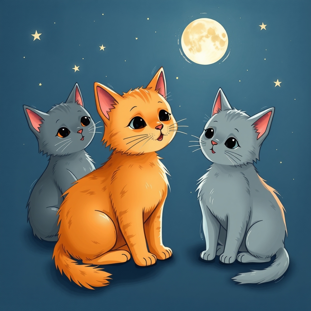 illustration of an orange kitten talking to two gray cats at night by मुफ्त एआई छवि जनरेटर - बिना लॉगिन के✨ | AIGAZOU