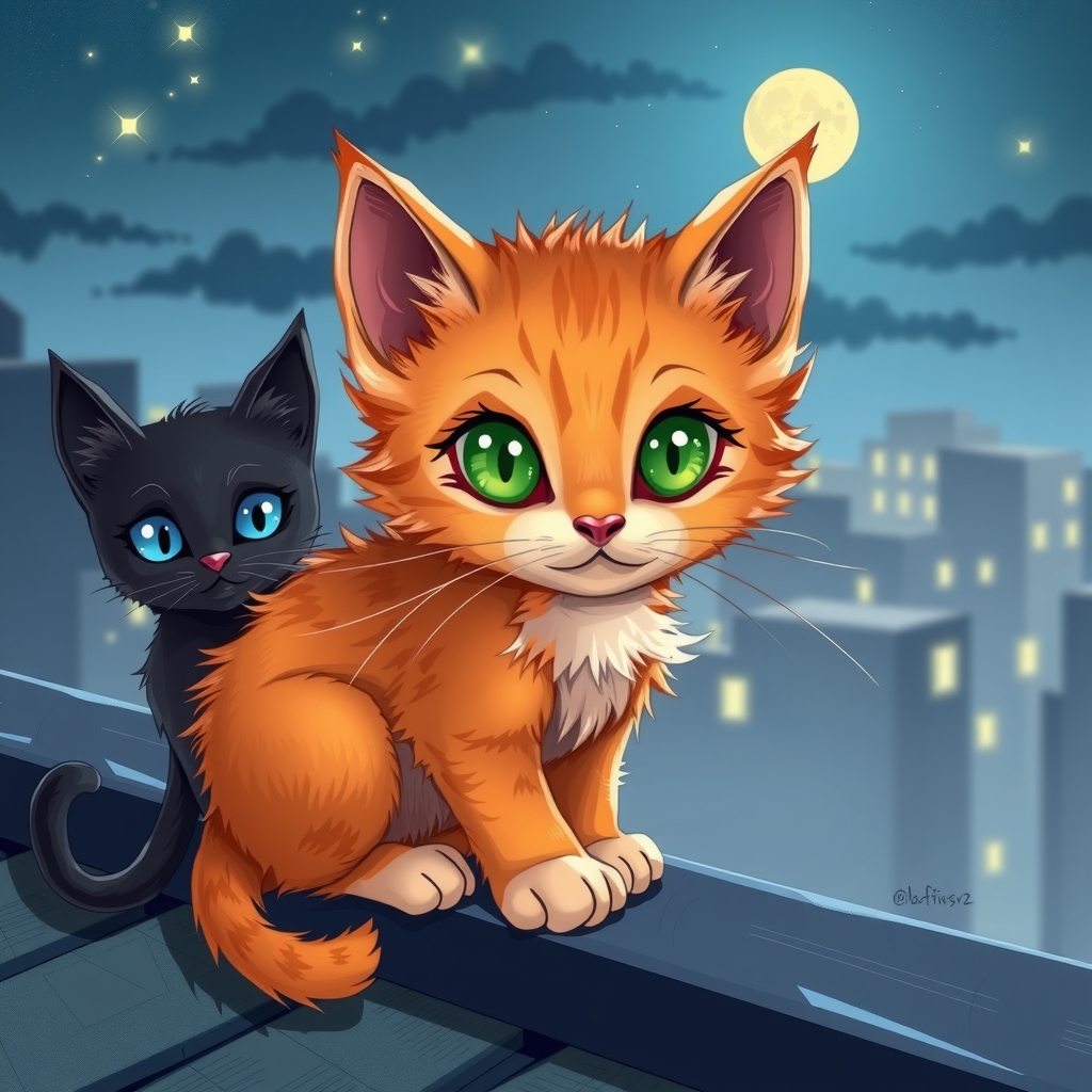 an illustration of an orange kitten on a roof by मुफ्त एआई छवि जनरेटर - बिना लॉगिन के✨ | AIGAZOU