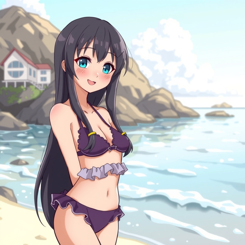 amami ohshima beach long black hair blue right eye slender body smiling expression frilled bikini middle school girl by मुफ्त एआई छवि जनरेटर - बिना लॉगिन के✨ | AIGAZOU