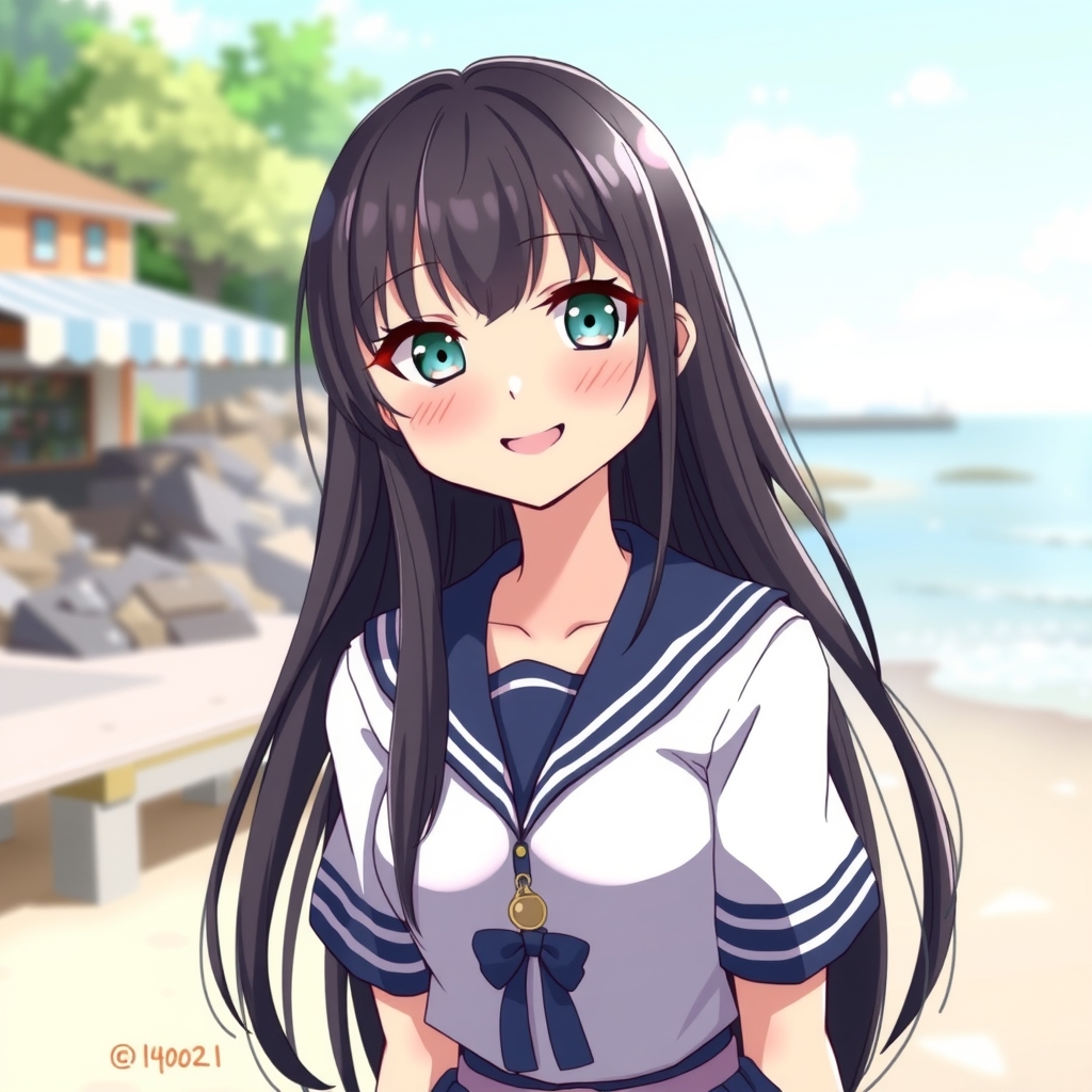 a 14 year old girl with long black straight hair and odd eyes wearing a sailor uniform smiling on a by Générateur d'images par IA gratuit - Aucune connexion nécessaire✨ | AIGAZOU