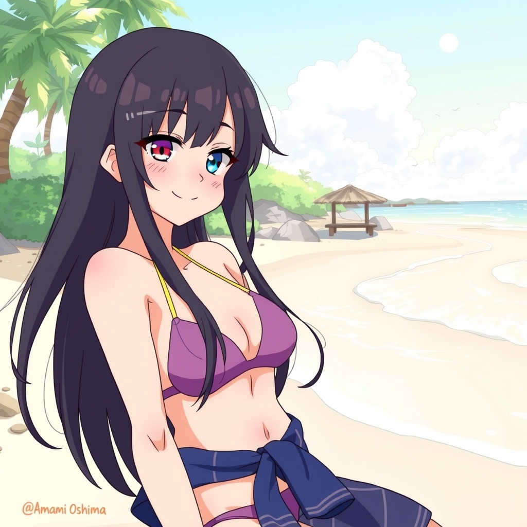 amami beach long black hair odd eye smile by मुफ्त एआई छवि जनरेटर - बिना लॉगिन के✨ | AIGAZOU