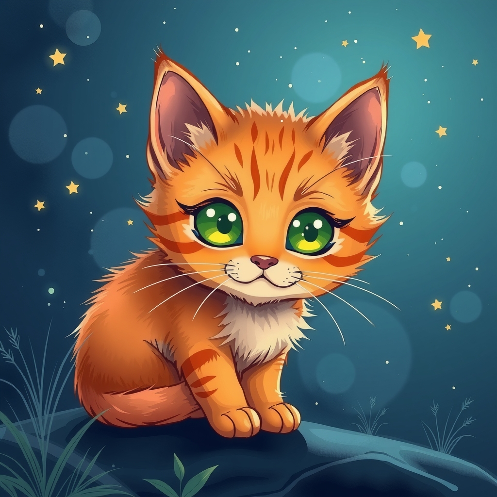 an illustration in a drawing style of an orange kitten with green eyes in the night under a starry sky by मुफ्त एआई छवि जनरेटर - बिना लॉगिन के✨ | AIGAZOU