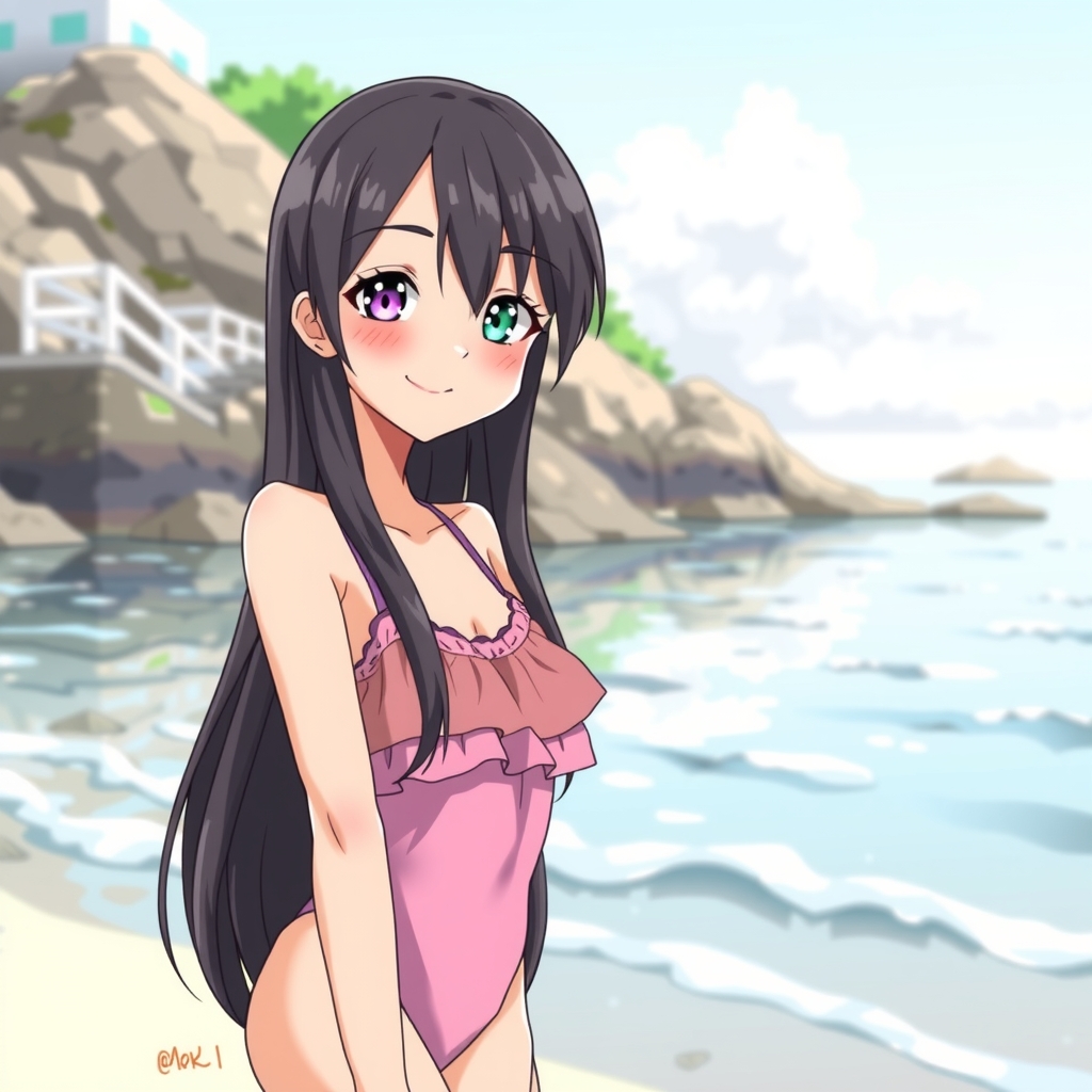 amami ohshima beach long black hair odd eye blue right slender body smiling expression frilled separates swimsuit middle school girl by मुफ्त एआई छवि जनरेटर - बिना लॉगिन के✨ | AIGAZOU