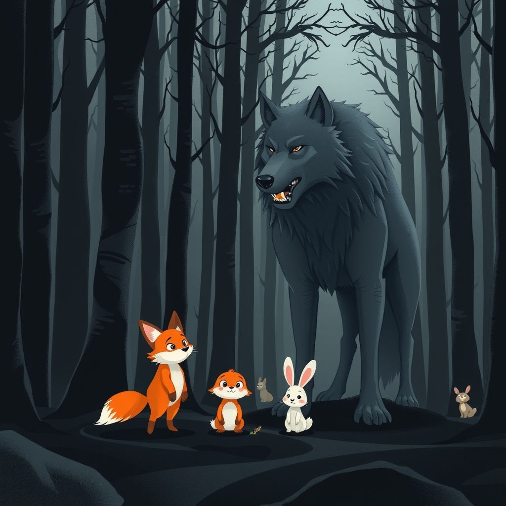 dark forest fox rabbit facing wolf by Générateur d'images par IA gratuit - Aucune connexion nécessaire✨ | AIGAZOU