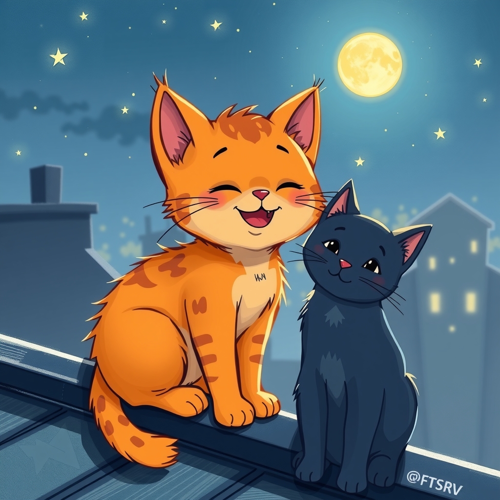 an illustration in a drawing style of an orange kitten happy on a roof at night with a dark blue by Générateur d'images par IA gratuit - Aucune connexion nécessaire✨ | AIGAZOU