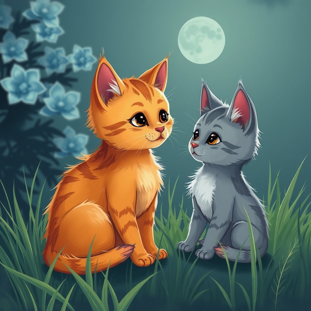 illustration orange kitten talking gray kitten night by मुफ्त एआई छवि जनरेटर - बिना लॉगिन के✨ | AIGAZOU