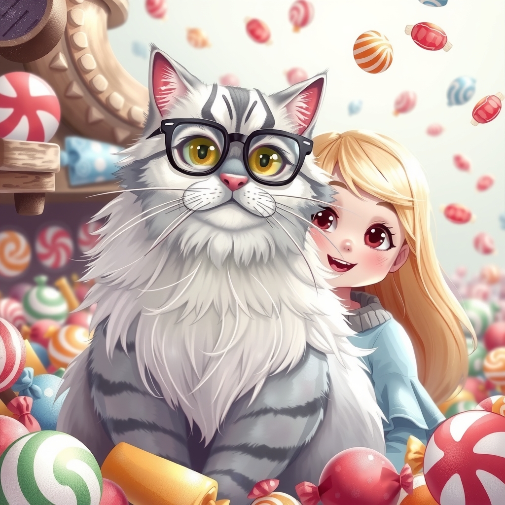 a white and gray cat with a long beard and glasses accompanied by a young blonde girl in a world by मुफ्त एआई छवि जनरेटर - बिना लॉगिन के✨ | AIGAZOU