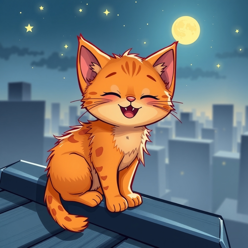 a happy orange kitten on a roof at night by मुफ्त एआई छवि जनरेटर - बिना लॉगिन के✨ | AIGAZOU