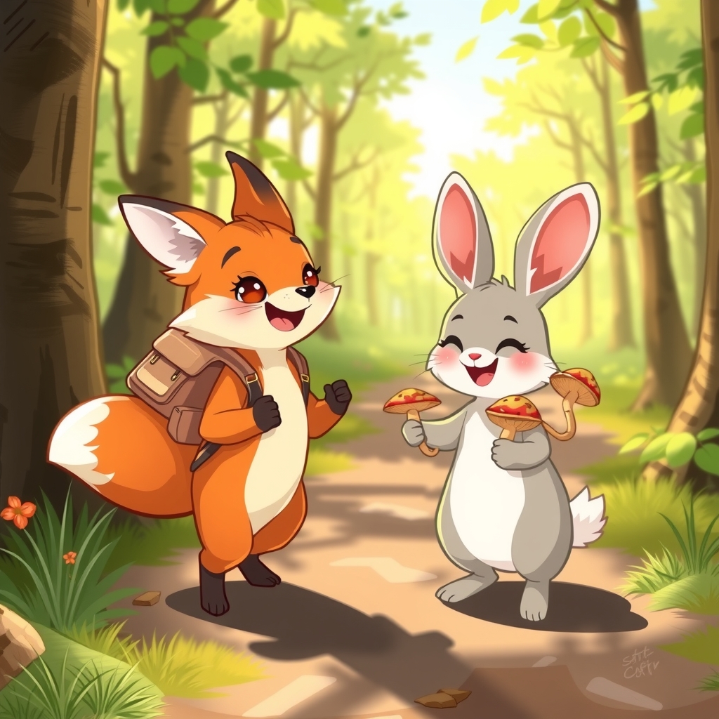 a sunny forest with a fox and a rabbit by मुफ्त एआई छवि जनरेटर - बिना लॉगिन के✨ | AIGAZOU