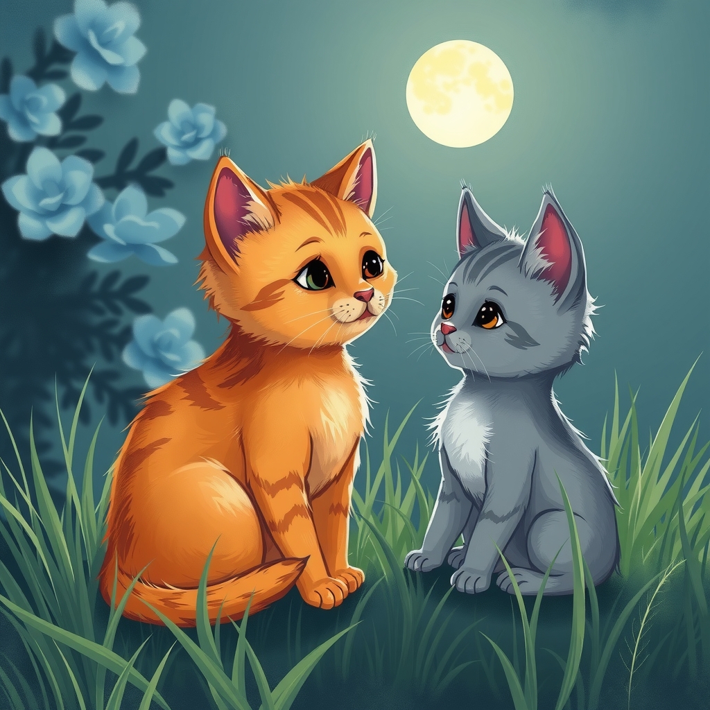 illustration orange kitten talking gray kitten night by मुफ्त एआई छवि जनरेटर - बिना लॉगिन के✨ | AIGAZOU