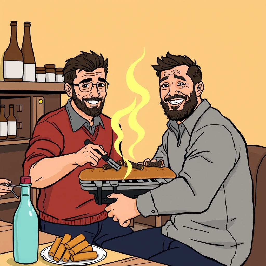 two men around a raclette dish by मुफ्त एआई छवि जनरेटर - बिना लॉगिन के✨ | AIGAZOU