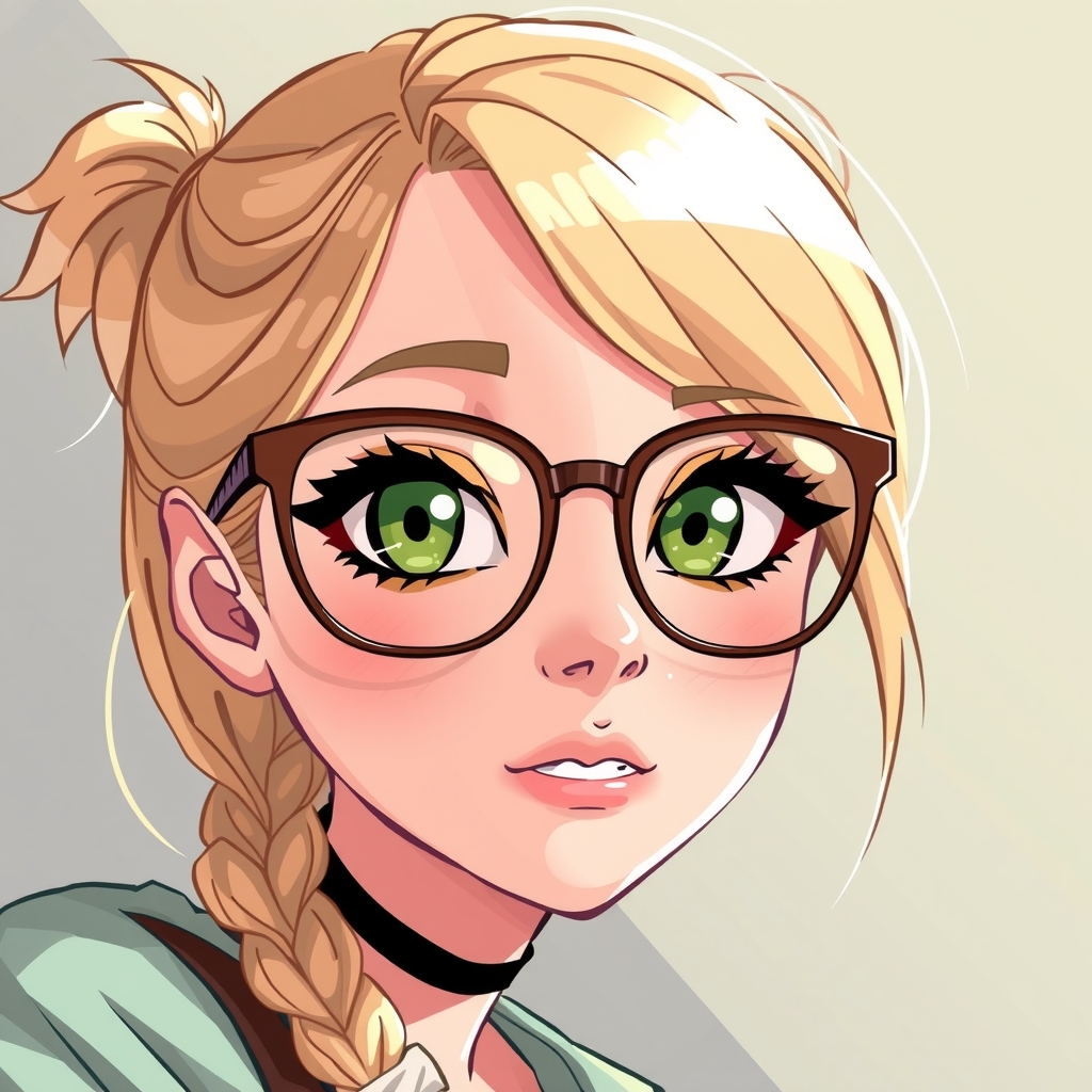 a girl with blonde hair brown glasses green eyes by मुफ्त एआई छवि जनरेटर - बिना लॉगिन के✨ | AIGAZOU