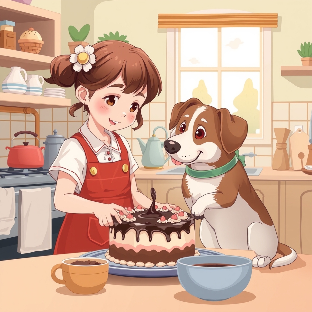 little girl and dog making chocolate cake by Générateur d'images par IA gratuit - Aucune connexion nécessaire✨ | AIGAZOU