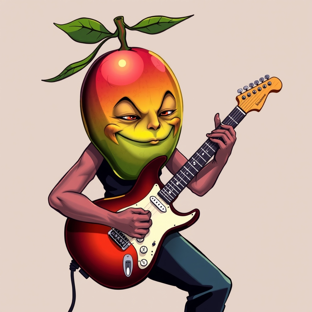 a black mango with a human face playing an electric guitar by मुफ्त एआई छवि जनरेटर - बिना लॉगिन के✨ | AIGAZOU