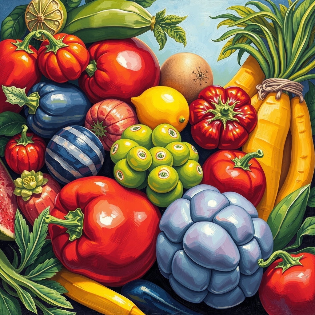 fruits and vegetables in a big painting by मुफ्त एआई छवि जनरेटर - बिना लॉगिन के✨ | AIGAZOU