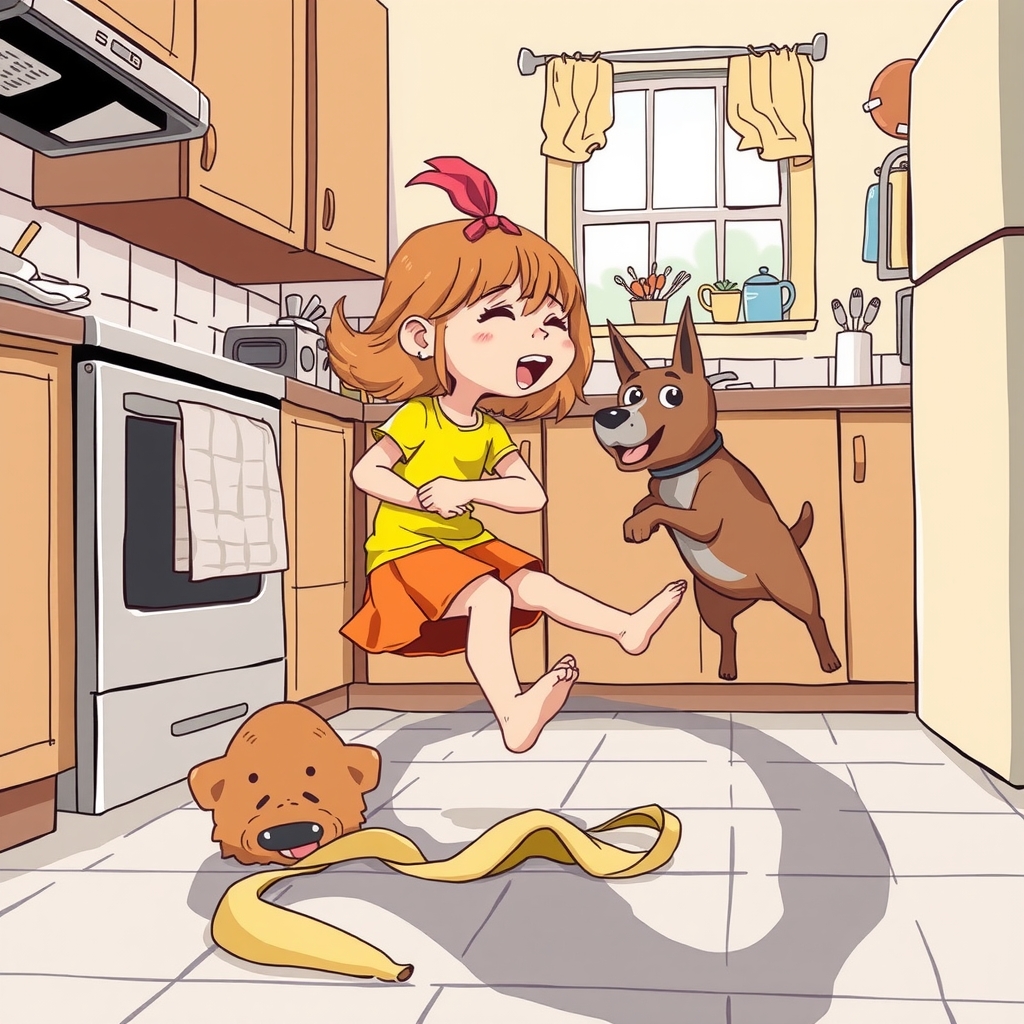 little girl in kitchen steps on banana peel and collides with dog by मुफ्त एआई छवि जनरेटर - बिना लॉगिन के✨ | AIGAZOU