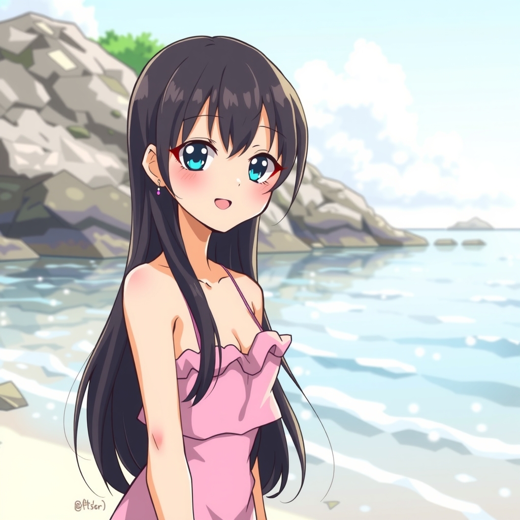 amami beach long black hair odd eye blue right slim smiling frilly swimsuit middle school girl by मुफ्त एआई छवि जनरेटर - बिना लॉगिन के✨ | AIGAZOU