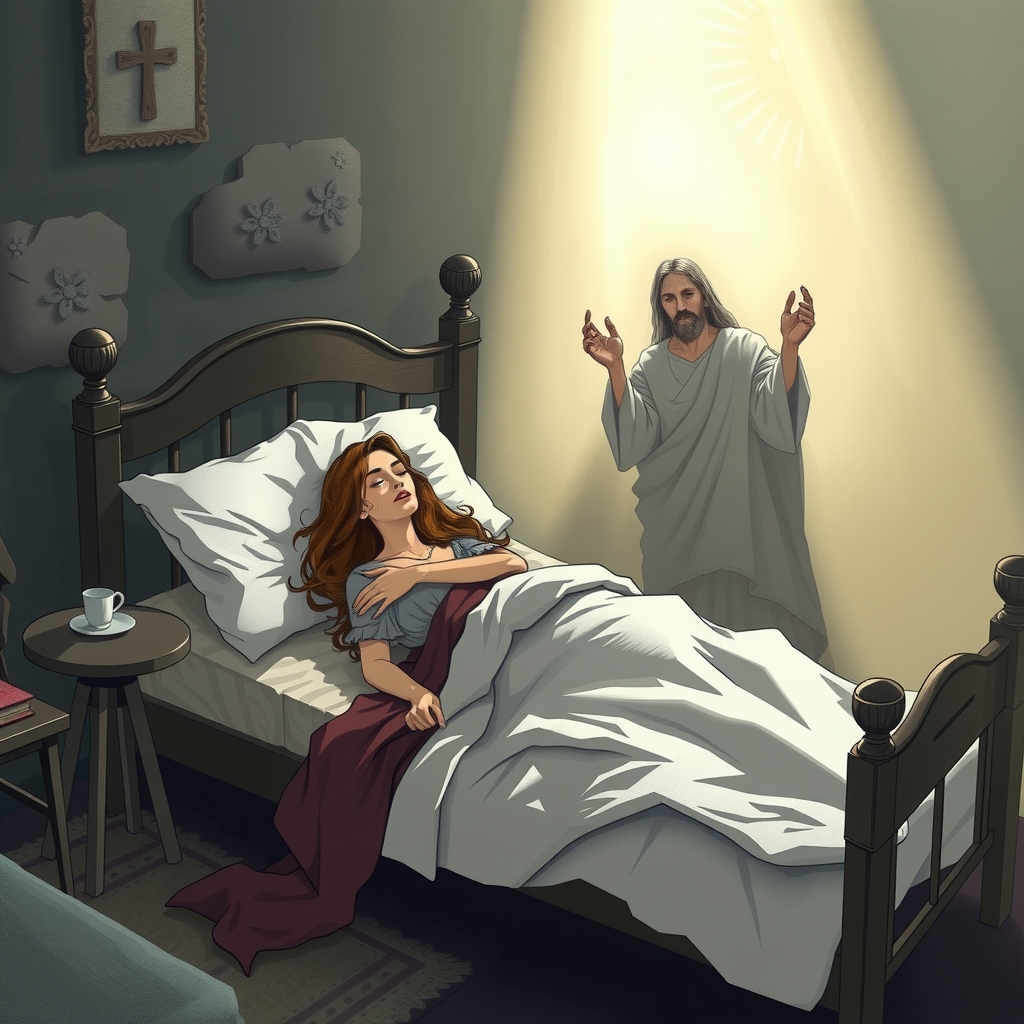 dying woman in bed shadow being jesus by Générateur d'images par IA gratuit - Aucune connexion nécessaire✨ | AIGAZOU