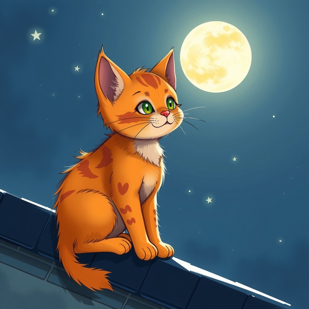 an illustration of an orange kitten on a roof at night by मुफ्त एआई छवि जनरेटर - बिना लॉगिन के✨ | AIGAZOU