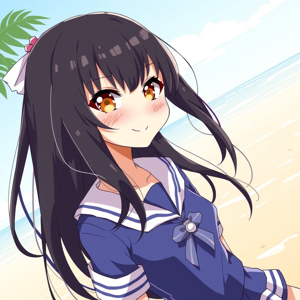 amami ohshima beach long black hair odd eyes no chest smiling expression sailor uniform middle school girl by मुफ्त एआई छवि जनरेटर - बिना लॉगिन के✨ | AIGAZOU