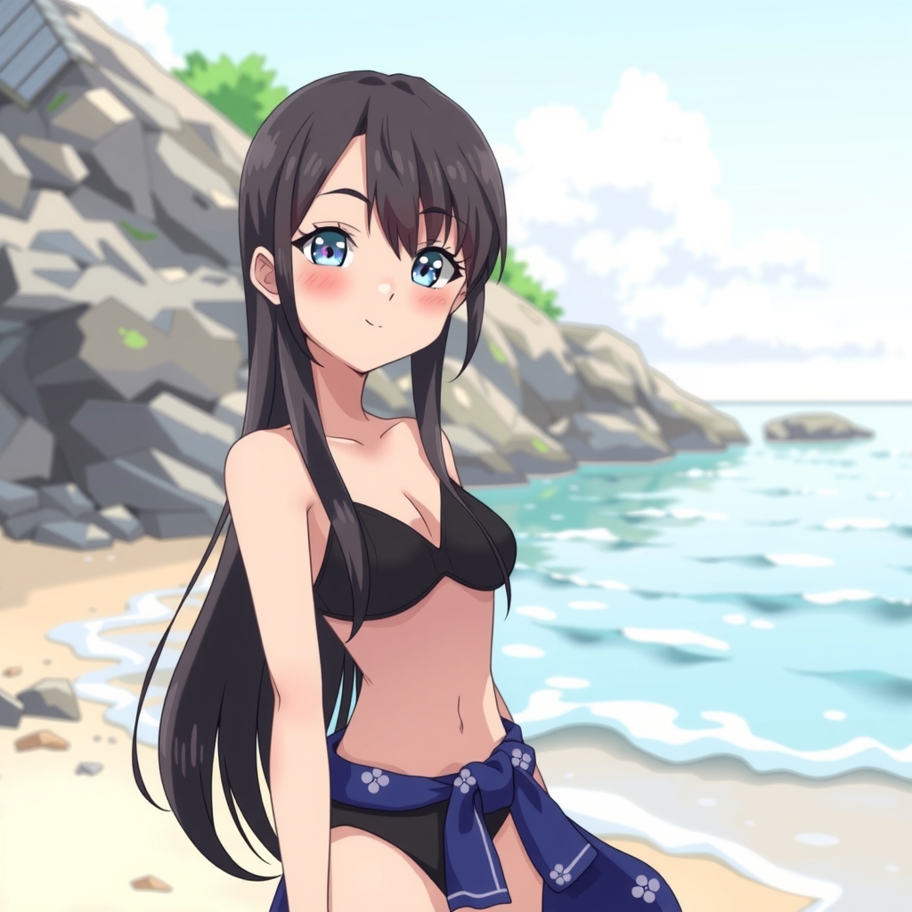 amami ohshima beach long black hair odd eye blue right slender body smiling expression padded one piece swimsuit middle school by मुफ्त एआई छवि जनरेटर - बिना लॉगिन के✨ | AIGAZOU