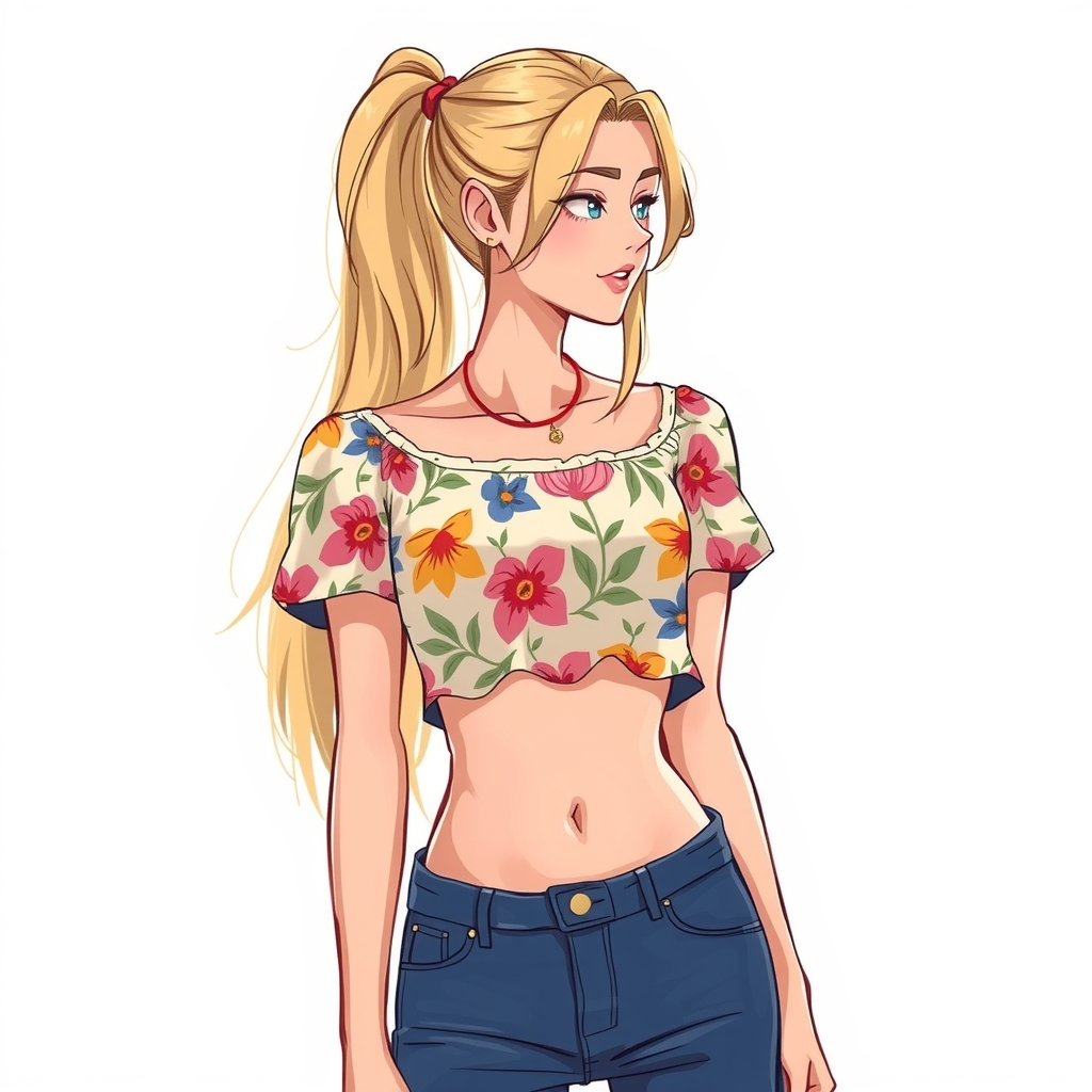 blonde long hair ponytail crop top jeans by मुफ्त एआई छवि जनरेटर - बिना लॉगिन के✨ | AIGAZOU