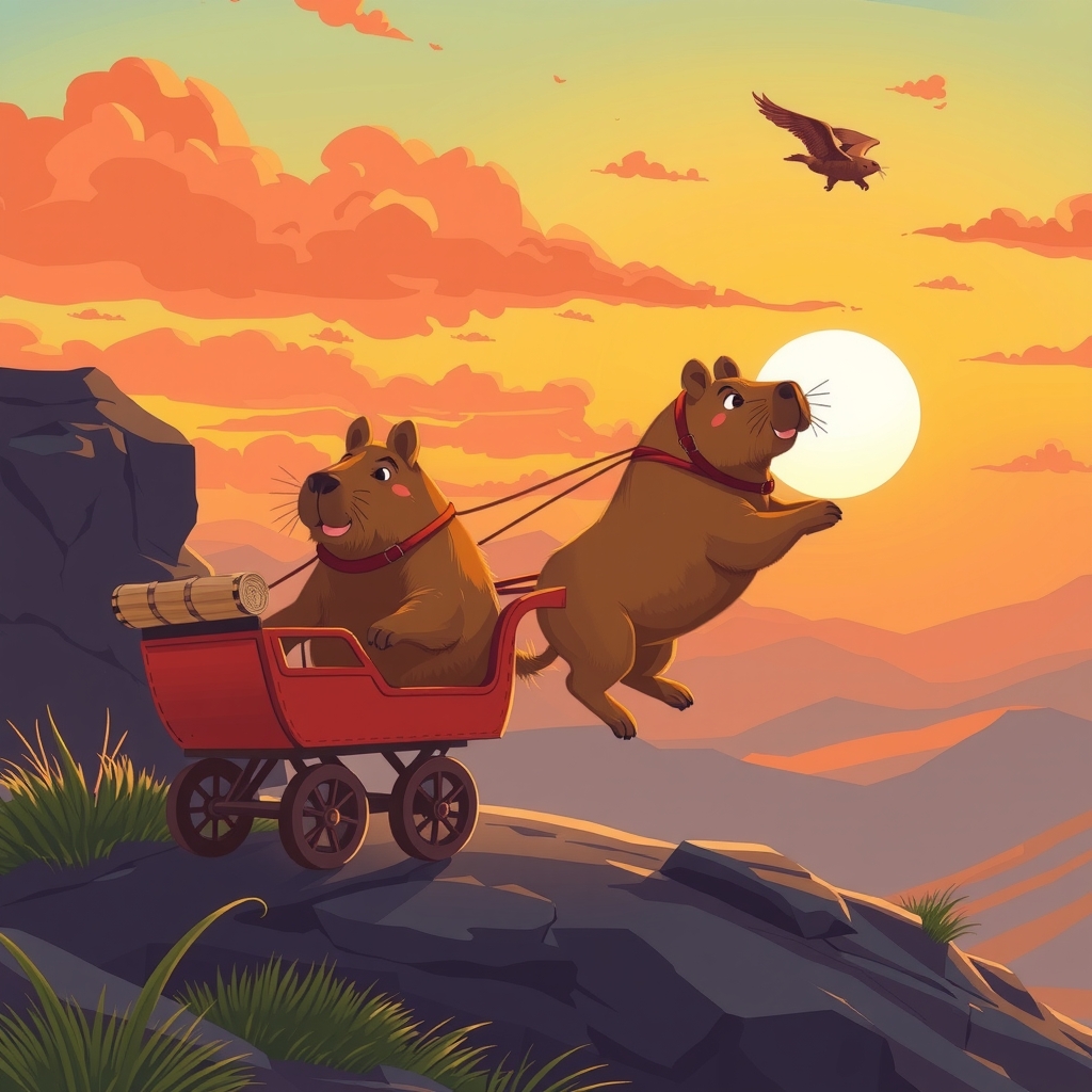 sunset capybara pulling carriage flying in sky by मुफ्त एआई छवि जनरेटर - बिना लॉगिन के✨ | AIGAZOU