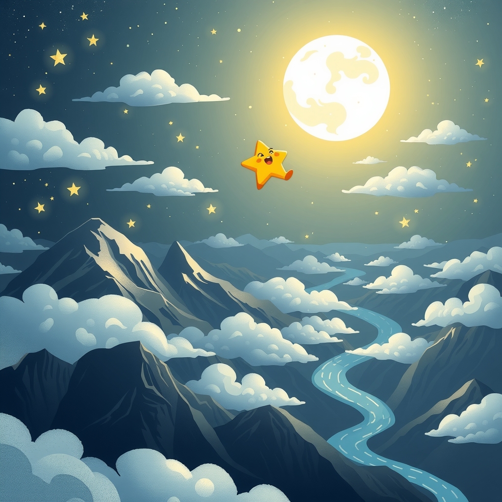 moon and star travel together over clouds and mountains by 무료 AI 이미지 생성기 - 로그인 필요 없음✨ | AIGAZOU