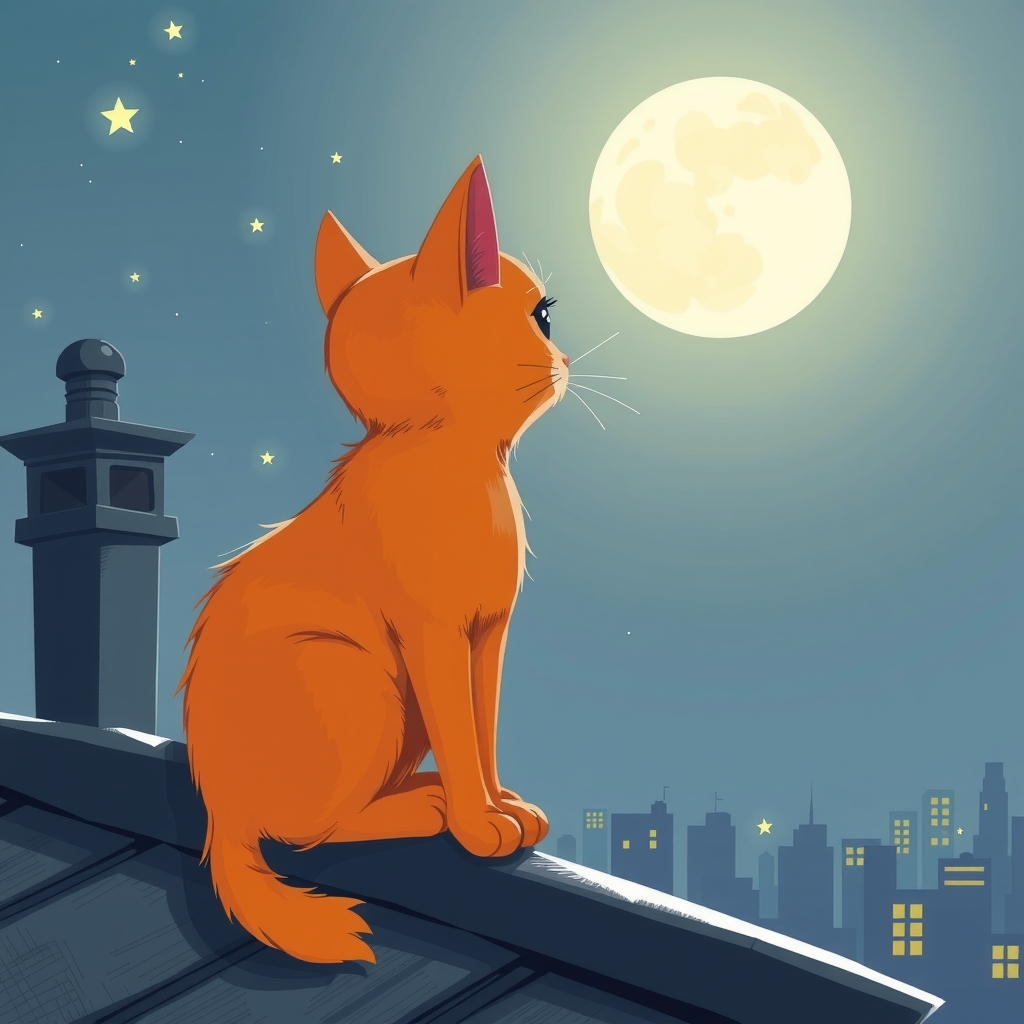 an illustration of an orange cat on a roof looking at the moon by मुफ्त एआई छवि जनरेटर - बिना लॉगिन के✨ | AIGAZOU