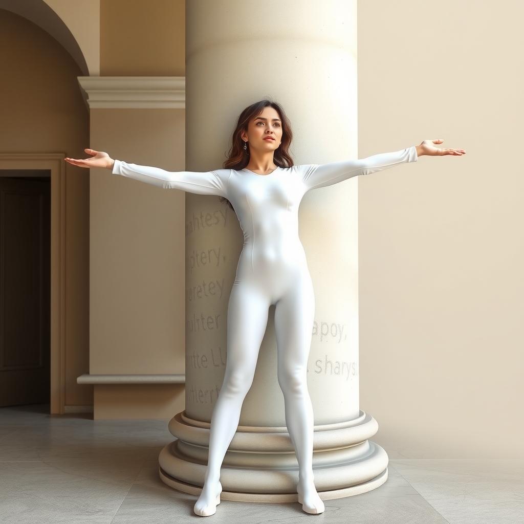 young woman skin pale upright arms raised legs spread back against column white bodysuit stockings by मुफ्त एआई छवि जनरेटर - बिना लॉगिन के✨ | AIGAZOU