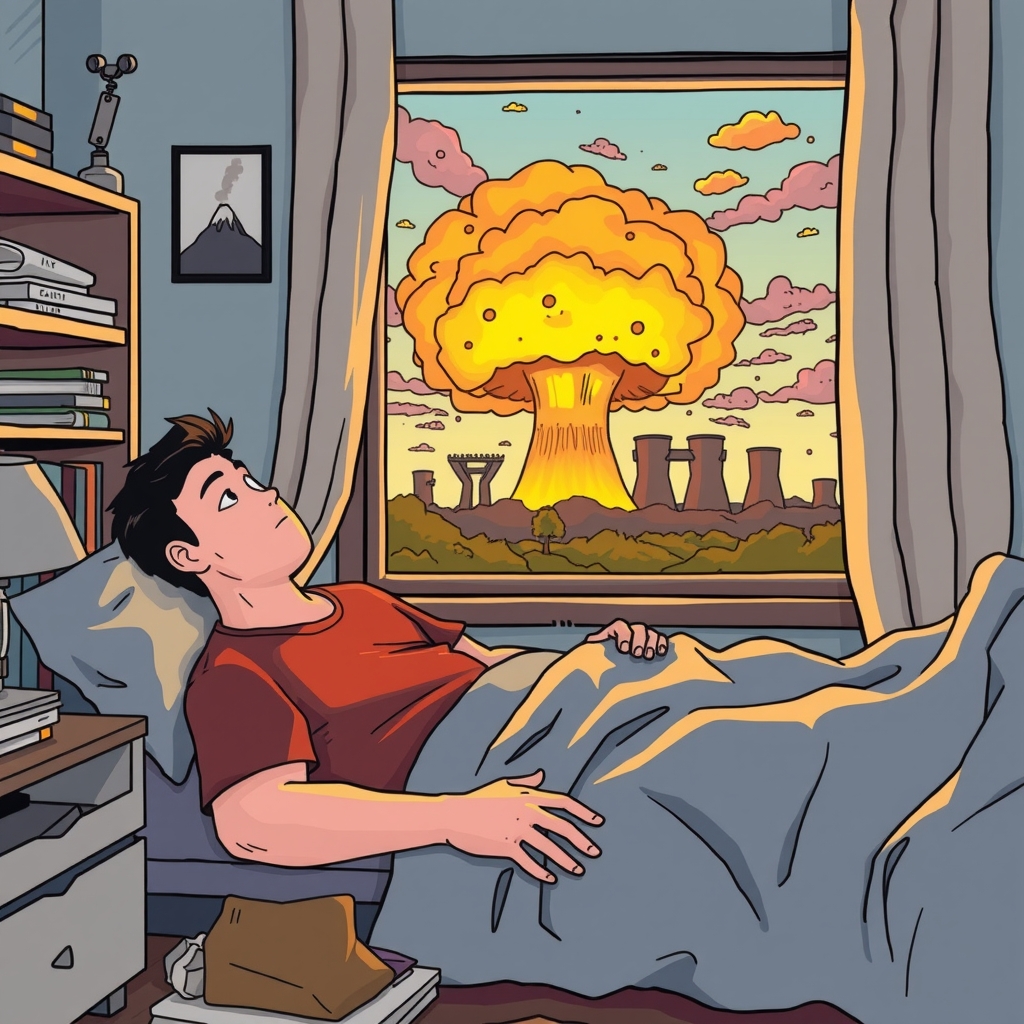 a guy wakes up and sees a nuclear plant exploding by मुफ्त एआई छवि जनरेटर - बिना लॉगिन के✨ | AIGAZOU