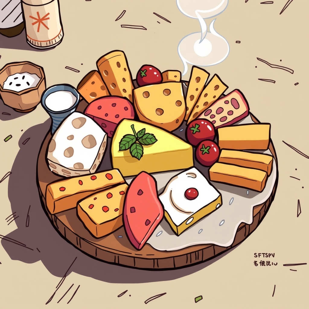 cheese plate in manga style by मुफ्त एआई छवि जनरेटर - बिना लॉगिन के✨ | AIGAZOU