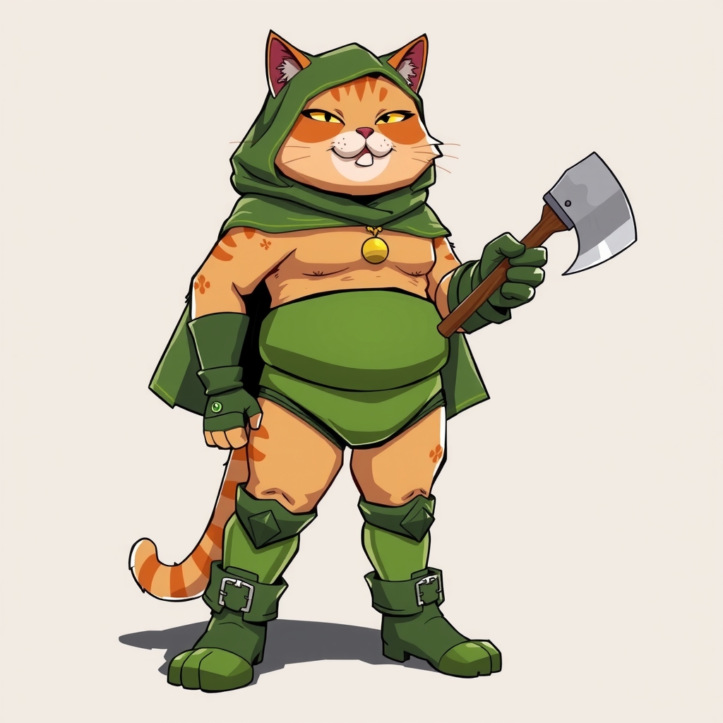 a cat wearing green boots and gloves with a cape and an axe by Générateur d'images par IA gratuit - Aucune connexion nécessaire✨ | AIGAZOU