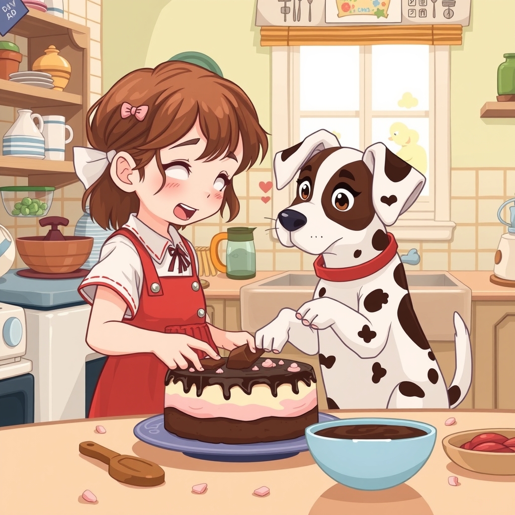 little girl and spotted dog making chocolate cake by मुफ्त एआई छवि जनरेटर - बिना लॉगिन के✨ | AIGAZOU