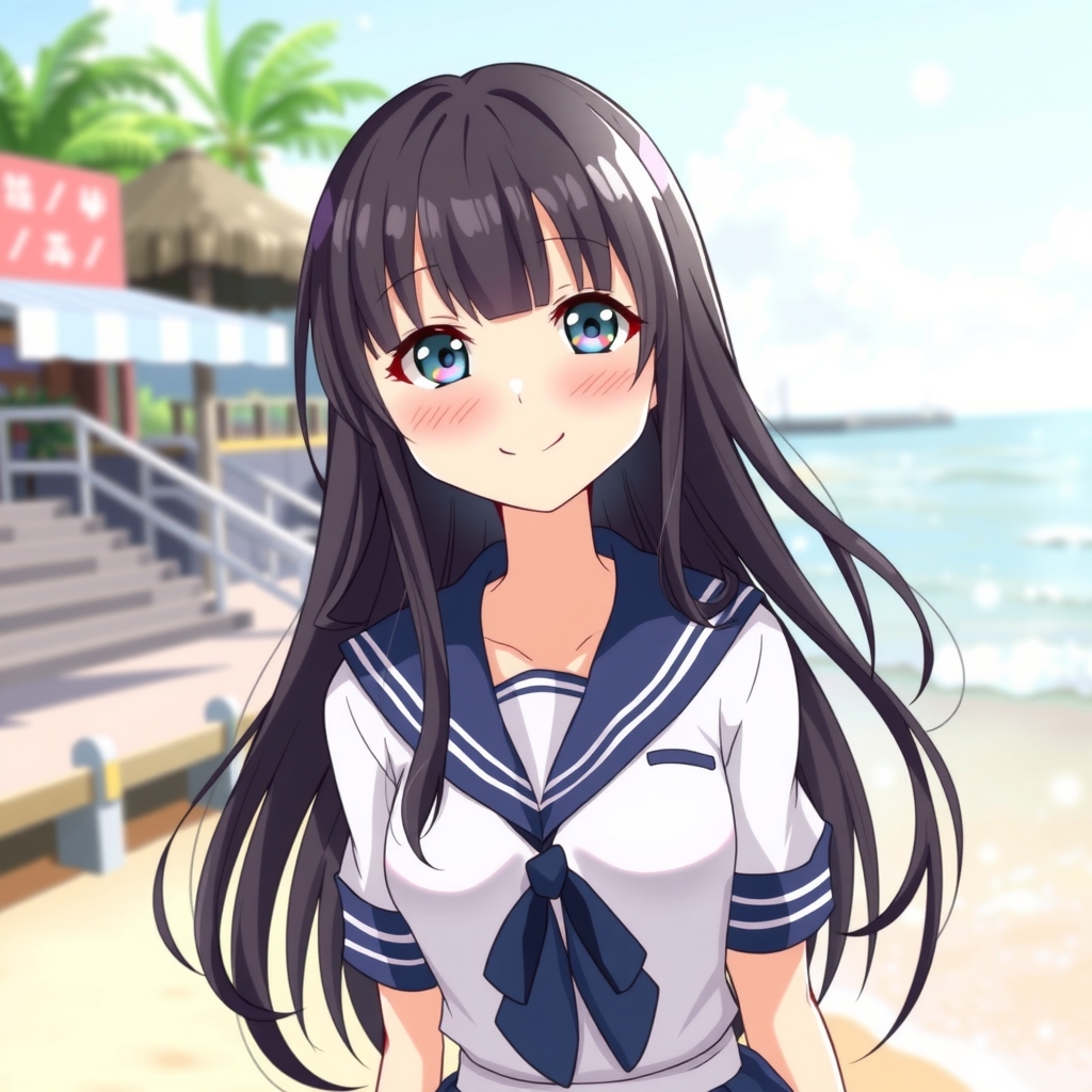 a 13 year old girl with long black hair and odd eyes wearing a sailor uniform on a beach in by मुफ्त एआई छवि जनरेटर - बिना लॉगिन के✨ | AIGAZOU