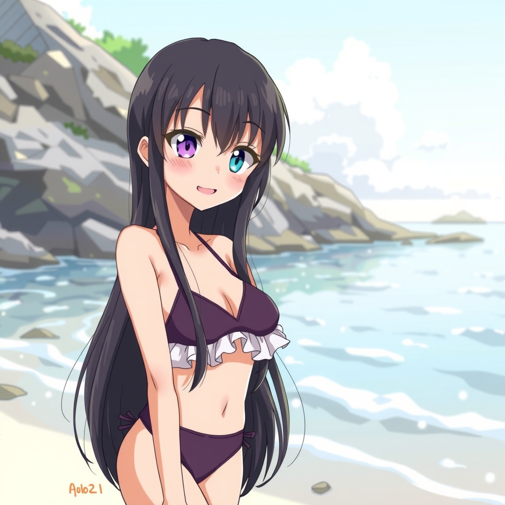 amami ohshima beach long black hair odd eye blue right slender body smiling expression frilly bikini middle school girl by मुफ्त एआई छवि जनरेटर - बिना लॉगिन के✨ | AIGAZOU