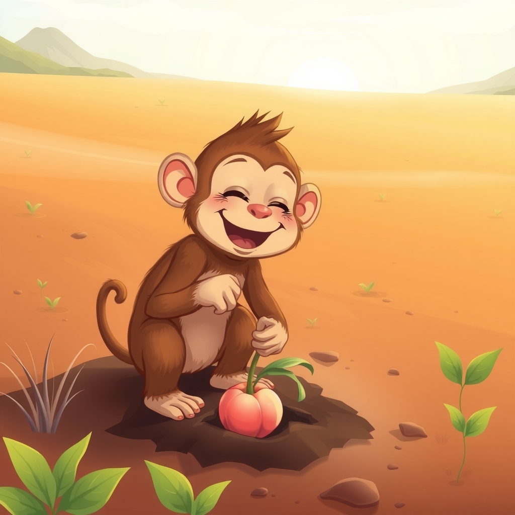 a monkey planting a peach tree seed happily by मुफ्त एआई छवि जनरेटर - बिना लॉगिन के✨ | AIGAZOU