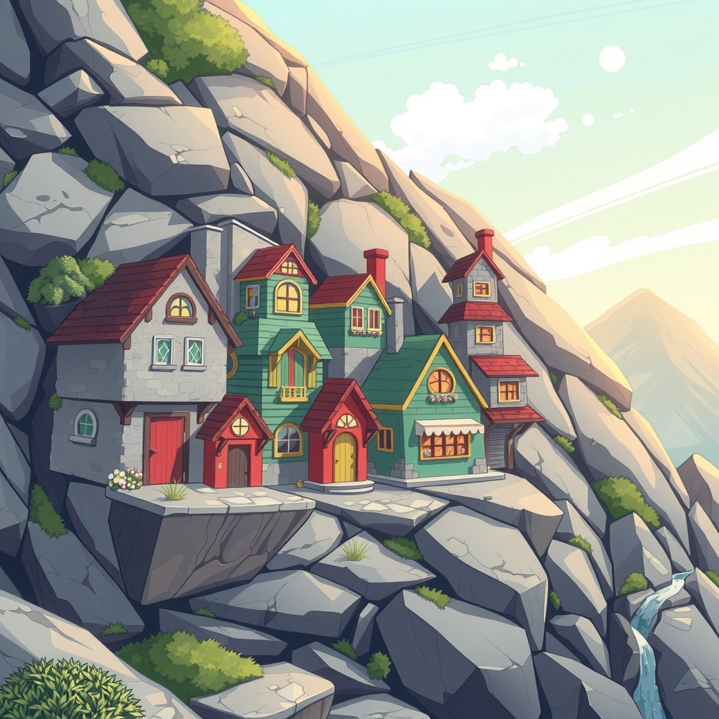 small houses built in rocks with colorful windows and doors anime by मुफ्त एआई छवि जनरेटर - बिना लॉगिन के✨ | AIGAZOU