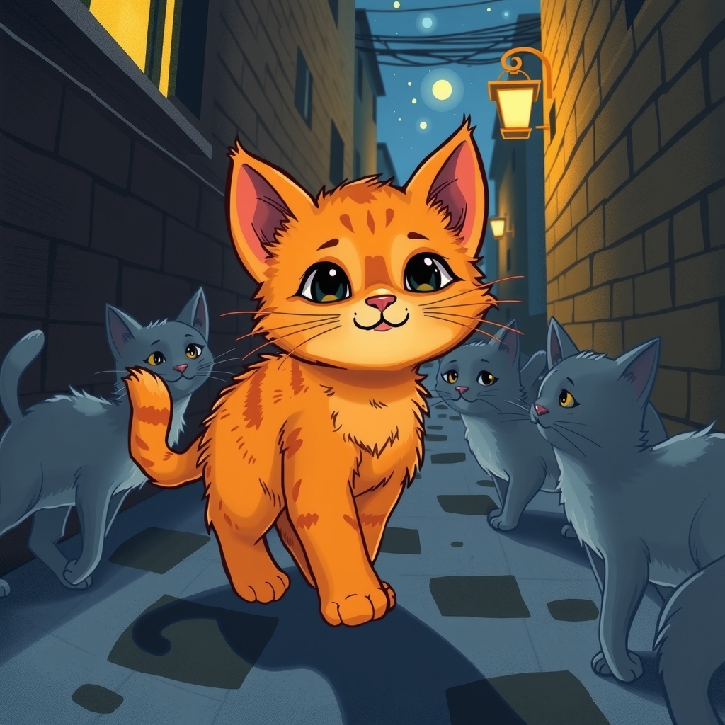 an illustration of an orange kitten walking at night by मुफ्त एआई छवि जनरेटर - बिना लॉगिन के✨ | AIGAZOU