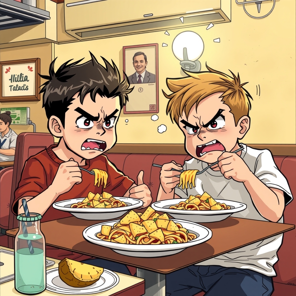 two little brothers eating pasta with pineapple in a manga style italian restaurant getting very angry by मुफ्त एआई छवि जनरेटर - बिना लॉगिन के✨ | AIGAZOU