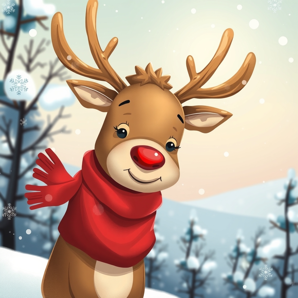 a cute reindeer with a red nose wearing a scarf in a winter landscape by मुफ्त एआई छवि जनरेटर - बिना लॉगिन के✨ | AIGAZOU