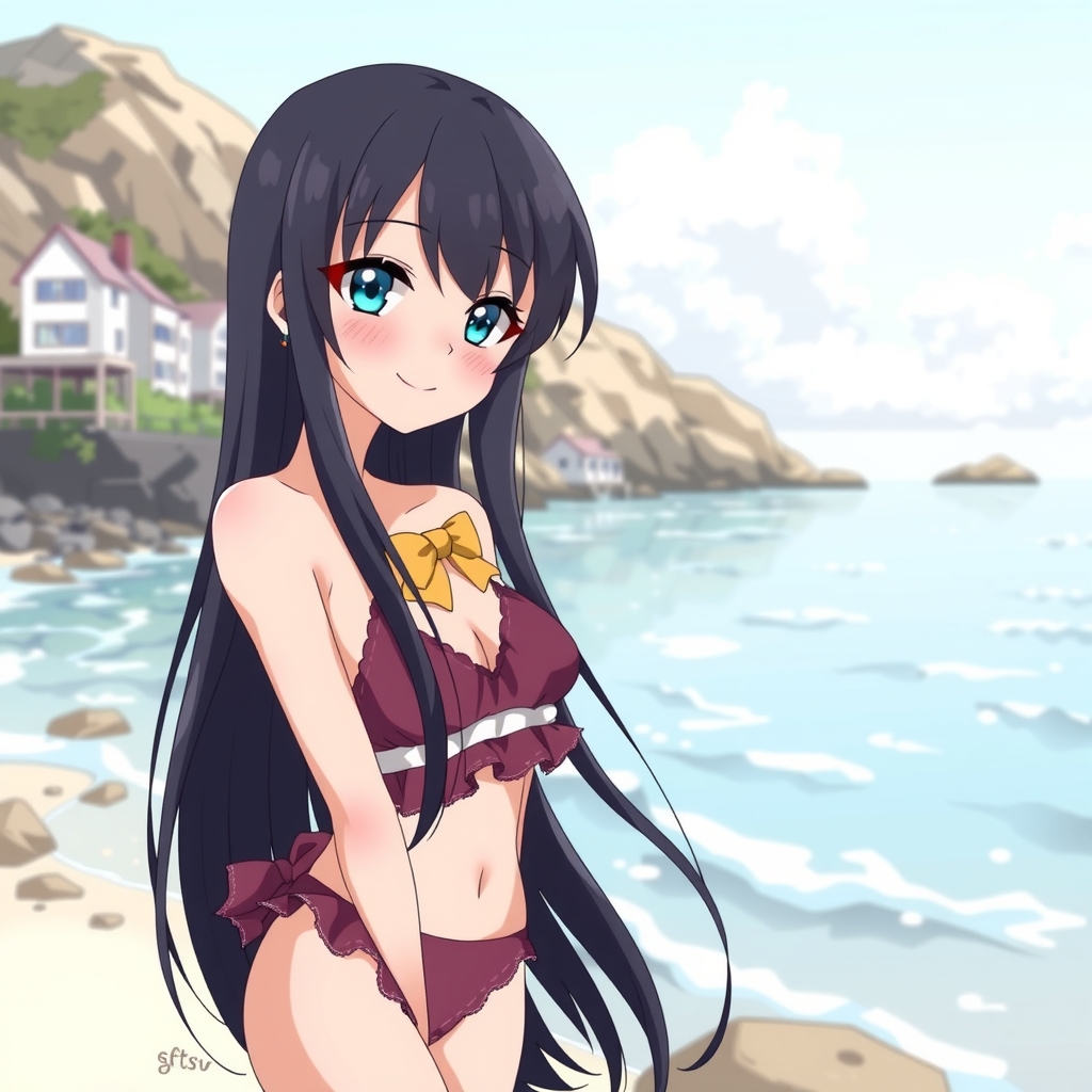 amami ohshima beach long black hair blue right eye slender body smiling expression frilled bikini middle school girl by मुफ्त एआई छवि जनरेटर - बिना लॉगिन के✨ | AIGAZOU