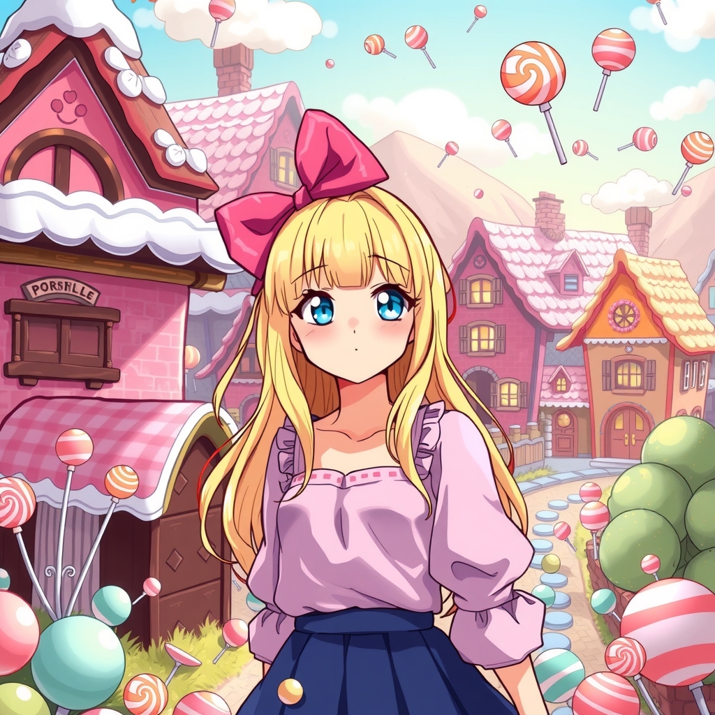 blonde girl in manga candy world by मुफ्त एआई छवि जनरेटर - बिना लॉगिन के✨ | AIGAZOU