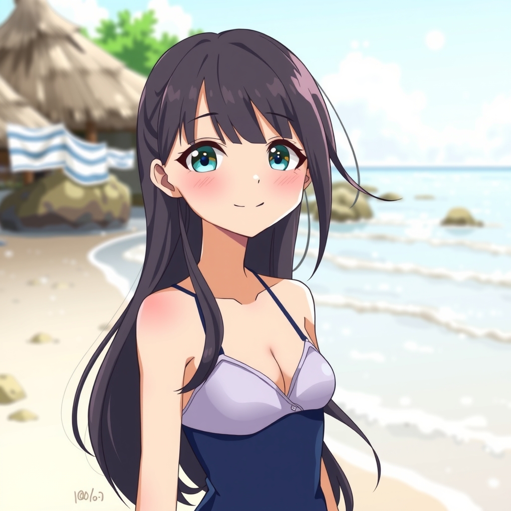 amami oshima beach long black hair odd eye blue right small chest smiling expression swimsuit 14 year old girl by मुफ्त एआई छवि जनरेटर - बिना लॉगिन के✨ | AIGAZOU