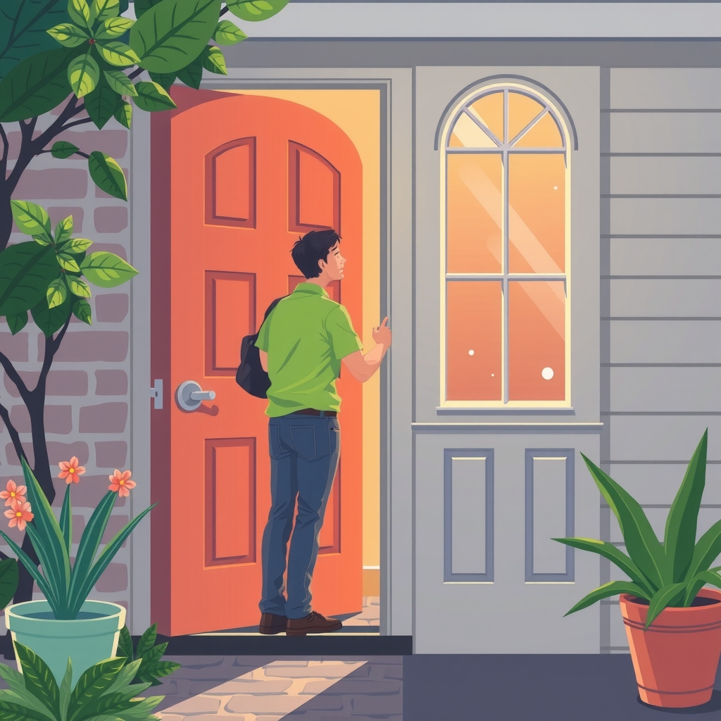 a guy opens his door after work by मुफ्त एआई छवि जनरेटर - बिना लॉगिन के✨ | AIGAZOU