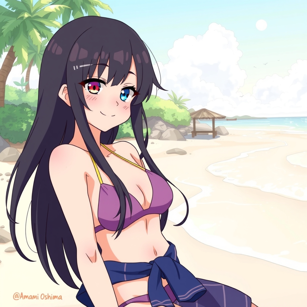 amami ohshima beach long black hair odd eye right blue small chest smiling expression padded swimsuit middle school girl by मुफ्त एआई छवि जनरेटर - बिना लॉगिन के✨ | AIGAZOU