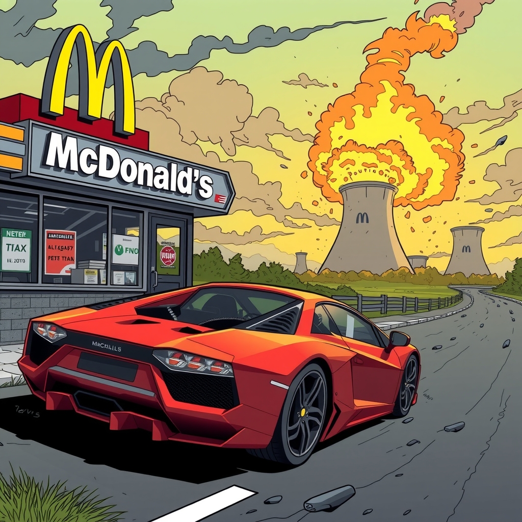 a mcdonalds near a nuclear power plant explosion and an employee escapes in a lamborghini by मुफ्त एआई छवि जनरेटर - बिना लॉगिन के✨ | AIGAZOU