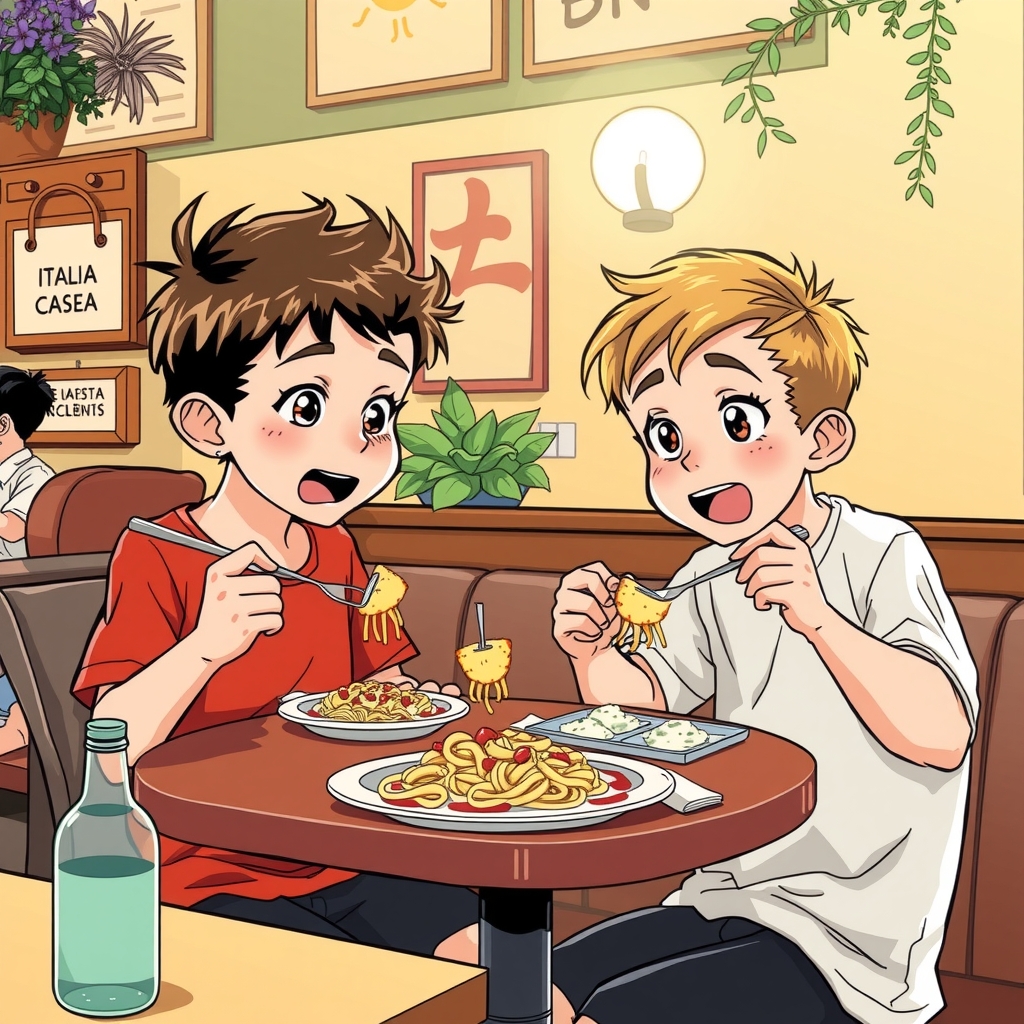 two little brothers eating pasta with pineapple by मुफ्त एआई छवि जनरेटर - बिना लॉगिन के✨ | AIGAZOU